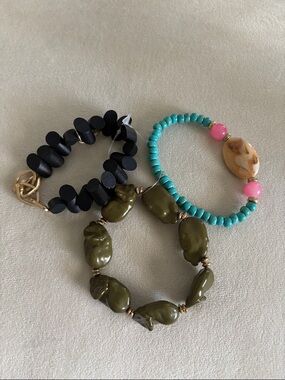 Set of Three Bead Bracelets - Turquoise, Olive & Black